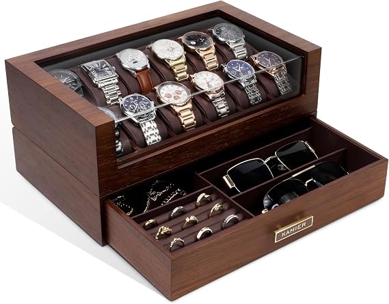 KAMIER High End Watch Box for Men,12 Slot Wooden Watch Case With Drawer | 2-Layer Watch Display Box with Glass Lid, for Jewelry and Watch Storage for Men