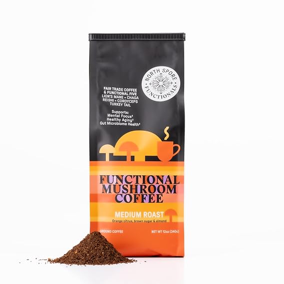 North Spore Functional Mushroom Coffee, Medium Roast Ground Coffee, 12 Oz | with Lion's Mane, Chaga, Reishi, Cordyceps & Turkey Tail, Supports Mental Focus, Healthy Aging & Gut Micorbiome Health