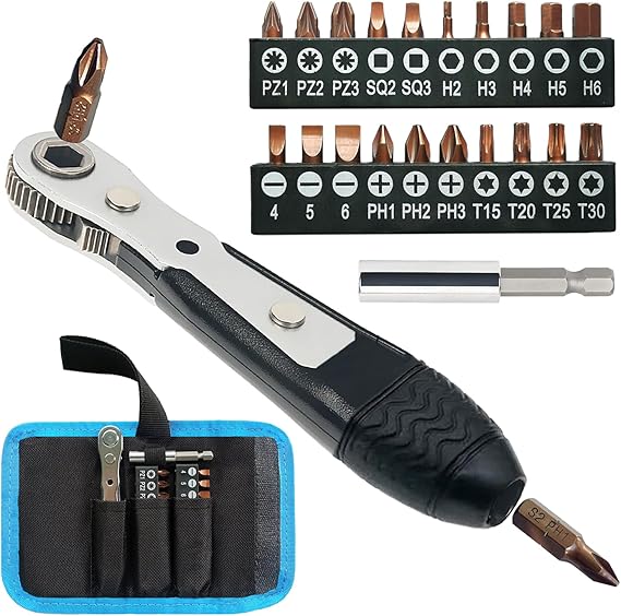 Mini Ratchet Screwdriver Set, Right Angle Screwdriver,Short Offset Screwdrivers with Phillips, Flat, Torx, Hex, Square,Pozidriv S2-Alloy Steel Bits (36-Teeth)
