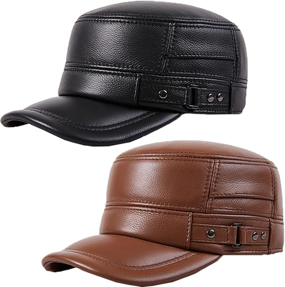 PU Leather Flat Top Warm Baseball Cap, Leather Hats for Men, Military Flat Top Cap