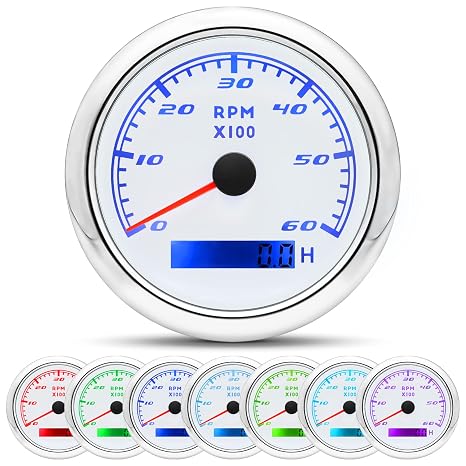 Tachometer Gauge 7 Color 0-6000 RPM Tacho Meter 85mm 3 3/8" for Auto Boat Marine Vehicle for 1-10 Cylinder Diesel and Gasoline Engine(White)