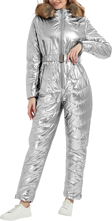 RISISSIDA Women Ski Suit,One Piece Snow Suits Hooded Fur Collar