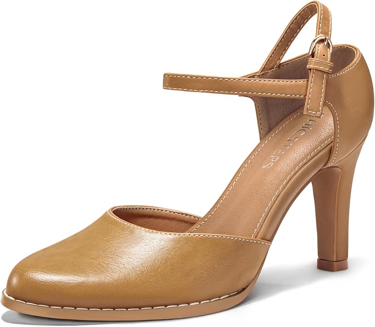 Womens Chunky High Heels Closed Toe Ankle Strap Pumps Vintage Shoes,COUTGLOWS-Light Brown-6