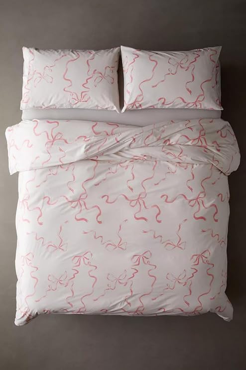 Luxury Bow Duvet Cover Set Soft, Cozy Bedding with Elegant Bow Design, Ruffled Chic Comforter Cover, Coquette Aesthetic, Pink Bed Sets (Pink Bows, Twin)