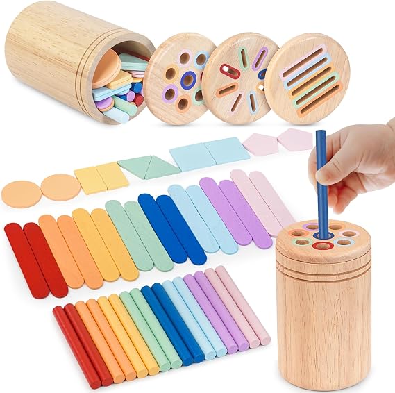 Montessori Toys for 1 year old, 3 in 1 Wooden Toddler Travel Toys for 1 2 Year Old Boys Girls, Color Sorting & Fine Motor Skills Baby Toys, Gifts for 1 2 3 Year Old Boy Girl