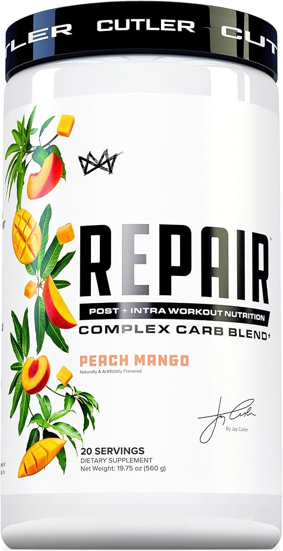 Cutler Nutrition Repair Peach Mango Recovery Powder, 20 Servings, 20 oz | 15g Fast-Absorbing Carbs from Waxy Maize and Cluster Dextrin plus 5g BCAAs and 2g EAAs for Glycogen and Muscle Recovery
