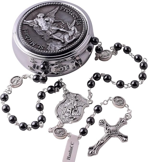 HanlinCC Catholic Rosary Saint Michael Hematite Bead Necklace with Gift Box