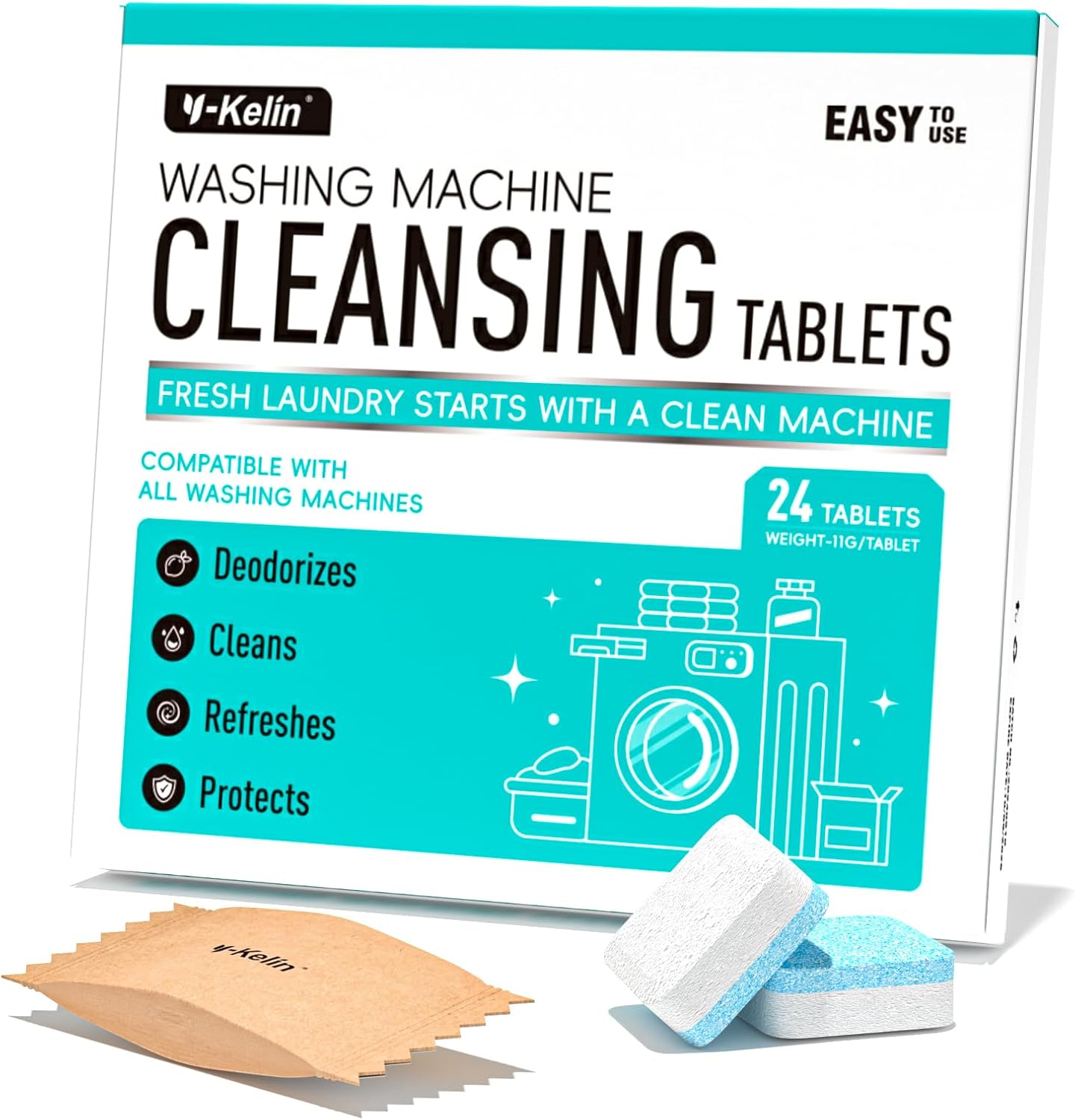 Washing Machine Cleaner Descaler 24 Pack - Deep Cleaning Tablets for HE Front Loader & Top Load Washer, Septic Safe Eco-Friendly Deodorizer, Clean Inside Drum and Laundry Tub Seal - 12 Month Supply