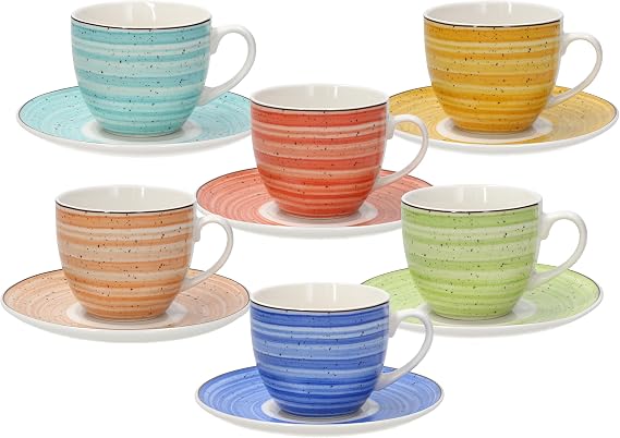 Tognana Kaleido Set of 6 New Bone China Tea Cups with Saucers Multi-Colour