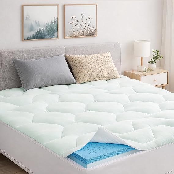 King Memory Foam Mattress Topper with Cooling Gel, Breathable Mattress Pad with Extra Deep Pocket, Soft Supportive Mattress Cover 150×200×3cm, White