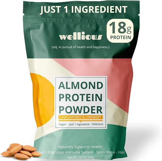 wellious Almond Vegan Protein Powder, Unflavored, 18g Protein, Soy-Free