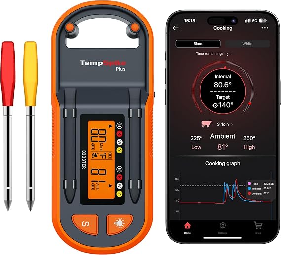 ThermoPro TempSpike Plus 600ft Wireless Meat Thermometer with 2 Color-Coded Probes, Bluetooth Meat Thermometer Wireless with LCD-Enhanced Booster for Food Cooking Grill Smoker Gift for Dad Him Husband