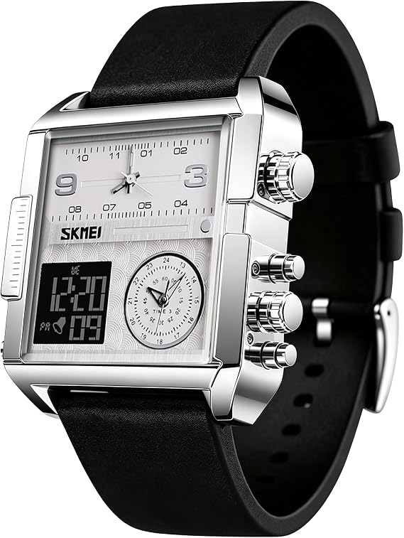 SKMEI Men's Digital Sports Watch, LED Square Large Face Analog Quartz Wrist Watch with Multi-Time Zone Waterproof Stopwatch