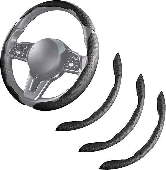 Car Steering Wheel Cover Leather Snap On 3Pcs Set Steering Wheel Wrap Non-Slip Protector Steering Wheel Accessories 14-15 inch Universal Black