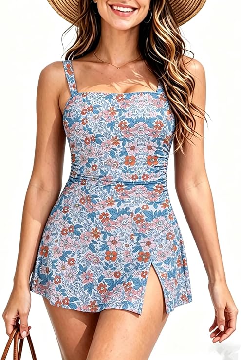 One Piece Swimdress Swimsuit for Women Tummy Control Split Swim Dress Skirt Bandeau Bathing Suit