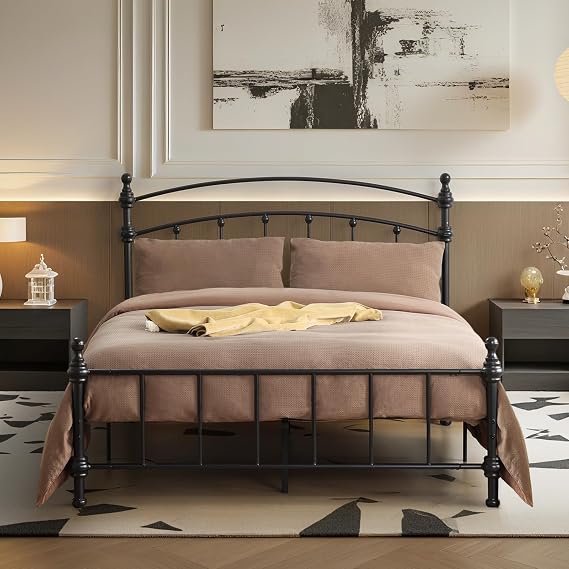 Queen Platform Bed Frame with Headboard and Footboard, Vintage Bed Frame