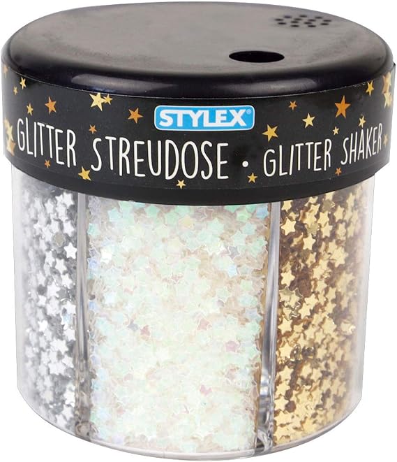 Stylex 23387 Glitter Shaker Decoration in a Practical Shaker Tin with Hearts and Stars in 6 Different Designs, for Crafts and Decorating