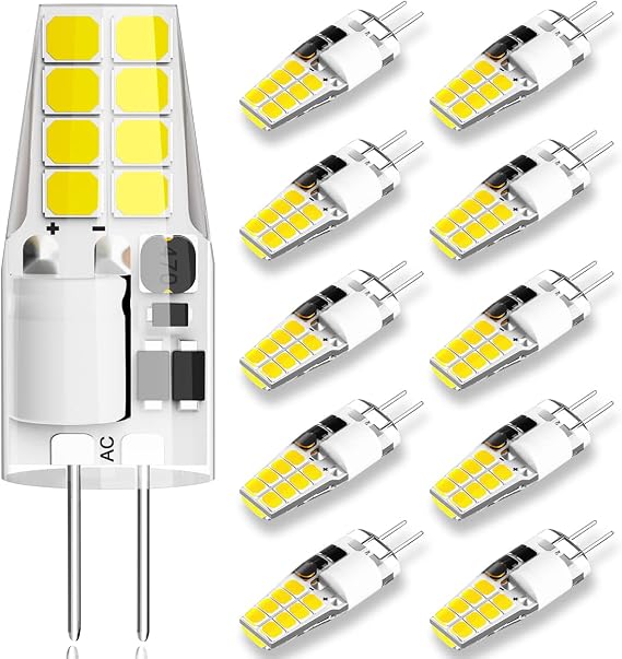 G4 LED Bulb 3W Equivalent to 20W-25W T3 JC Type Bi-Pin G4 Base Halogen Bulb, AC/DC 12V Daylight White 6000K G4 Bulb for Puck Light, RV, Under Counter Kitchen Lighting, Under Cabinet Light (10 Pack)