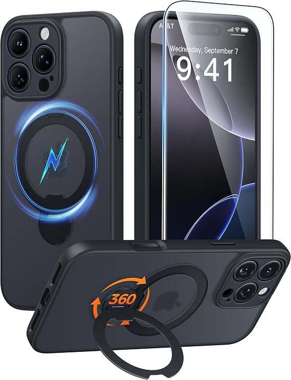 FNTCASE for iPhone 16 Pro Max Case with 360 Spin Magnetic Stand Black | Compatible with Magsafe,Screen Protector,Full Camera Protection,Translucent Matte Military Grade Shockproof Phone Cover