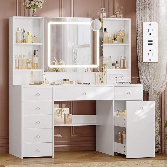 47.2 Large Makeup Vanity Desk with Mirror and Lights,Power Outlet,7 Drawers,Pull-Out LED Mirror with 3 Light Modes,Brightness Adjustable,Rolling Makeup cart,Crystal Handles, hairdryer Rack,White