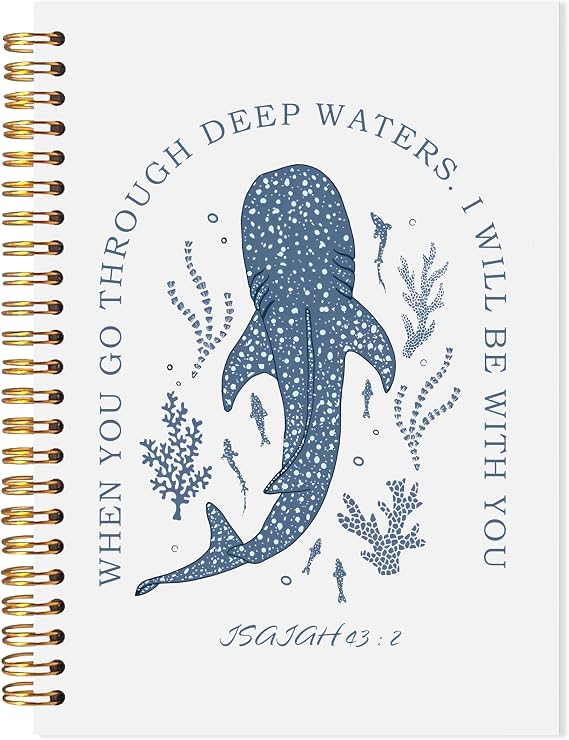 Whale Shark Christian Notebook, Isaiah 43:2 Bible Prayer Journal for Women Men, When You Go Through Deep Waters Scripture Religious Coastal Beach Spiral Notebook, 5.5x8.3