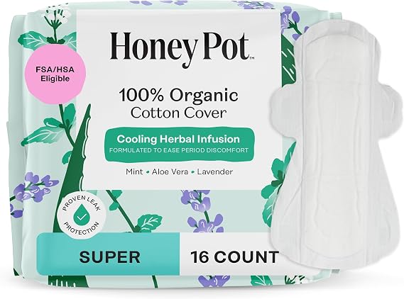 The Honey Pot Company, Organic Super Herbal-Infused Pads with Wings, 16 Count