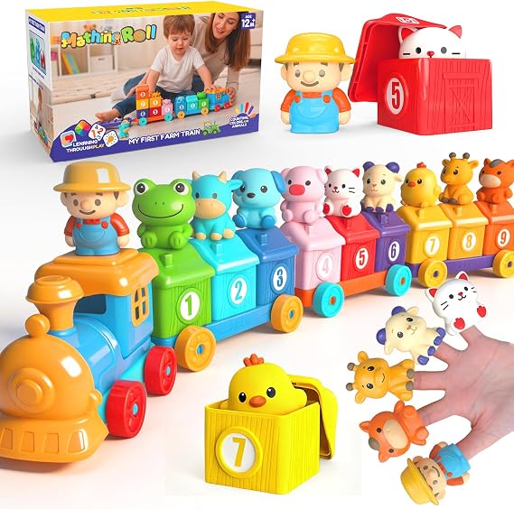 Montessori Toys Farm Train Set, Toddler Toys for 1 2 3 Year Old Boys Girls