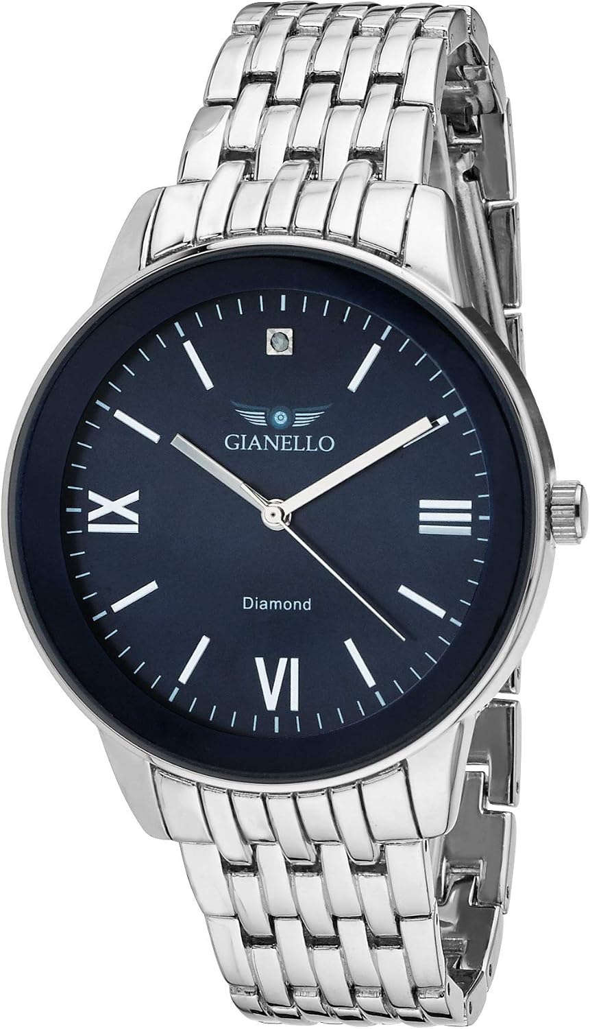 Gianello Mens Genuine Diamond Dial Round Case Blue Stainless Steel Link Watch Model GNL7762BL Carat Size 110