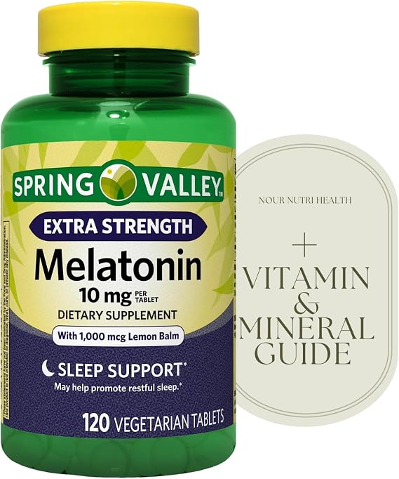 Extra Strength SPR -ing Valle Melatonin Tablets Dietary Supplement, 10 mg, 120 Count + Vitamin Guide Included and Sticker