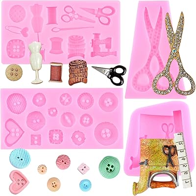 ZiXiang Sewing Tools Silicone Molds Buttons Fondant Mold Scissors Sewing Machine Sewing Designer Clothes Candy Mold For Cake Decorating Cupcake Chocolate Gum Paste Polymer Clay Set Of 4