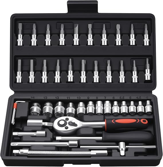 XxinXrong 46 PCS socket wrench set 1/4 inch ratchet box socket bit set multi-tooth set bits socket with quick release & switching ratchet for