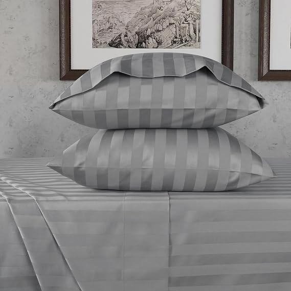 URBANHUT 100% Cotton Damask Twin Size Sheets, 4 Piece Hotel Style Sheet Set Bed Sheet for Twin Size Bed, Sateen Weave Stripe Sheets, 14'' Elasticized Deep Pocket - Dark Grey