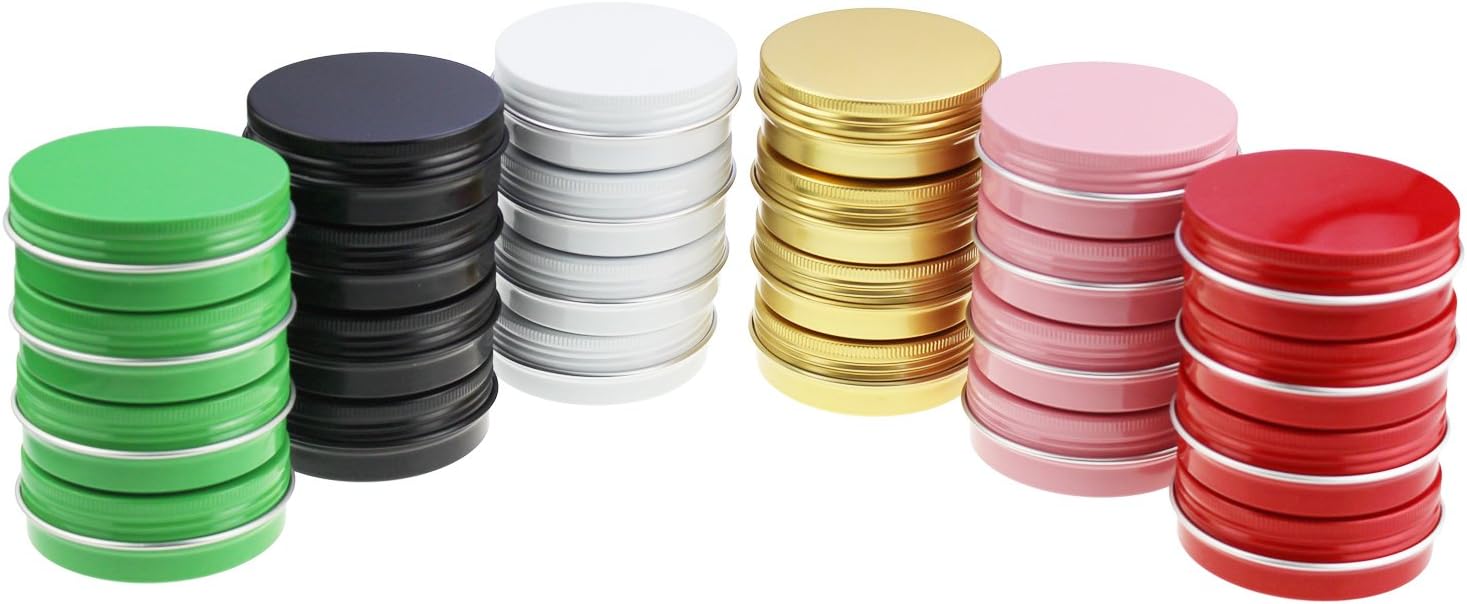 LJY 24 Pieces Multi-Coloured Round Aluminum Cans Screw Lid Metal Tins Jars Empty Slip Slide Containers 2 oz  60 ml
