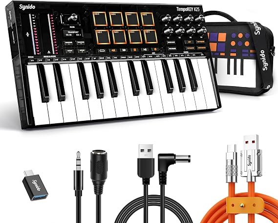 Synido 25 Key USB MIDI Keyboard Controller with 25 Wide Keys, 8 RGB Drum Pads, Professional Mini Midi Keyboard with OLED Screen, Beat Maker Machine for Music Production, Black,TempoKey K25