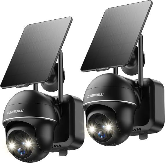ZUMIMALL Security Cameras Wireless Outdoor - 2 Packs, 360View Outdoor Camera Wireless Solar Powered,2.4G WiFi, Spotlight/Siren//3MP Color Night Vision/AI Detection/IP66/Cloud/Alert, Work with Alexa