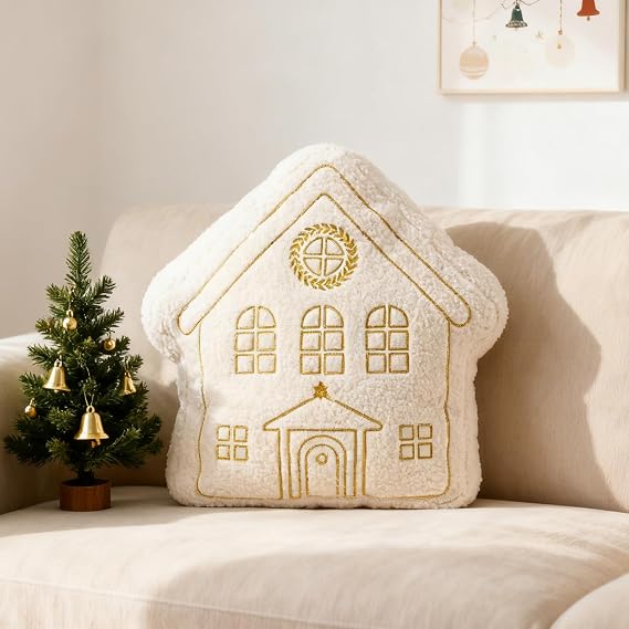 DN DECONATION House Shape Christmas Pillow, White Decorative Pillow 15 Inch
