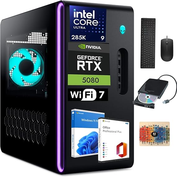 Dell 2025 Alienware Aurora R16 Gaming Desktop - NVIDIA RTX 5080 (16GB GDDR7) - Intel 24-Core Ultra 9 285K(up to 5.7GHz) - WiFi7 - Win11 Pro & Office License - (32GB DDR5 + 1TB SSD + 2TB HDD)