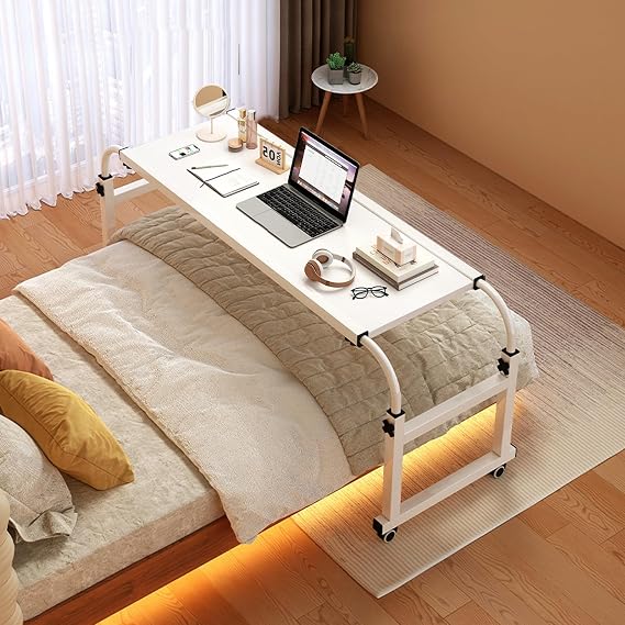 Overbed Table Wheels Overbed Desk, Overbed Table with Wheels, Rolling Desk Over Bed Adjustable Height, Queen Size Mobile Computer Desk, Over Bed Desk Rolling Table, for and Home
