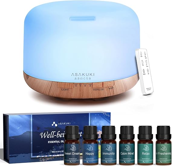 ASAKUKI Home Aromatherapy Starter Kit, 500ml Essential Oil Diffuser & 6 Well-Being Essential Oil Blends for Home