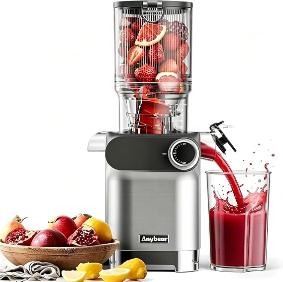 Anybear Cold Press Juicer, 200W Masticating Slow Juicer 4.3" Large Feed Chute Fit Whole Fruits Vegetables | Upgraded Auger | Tritan Materials | BPA Free | Juice Recipes (Silver)