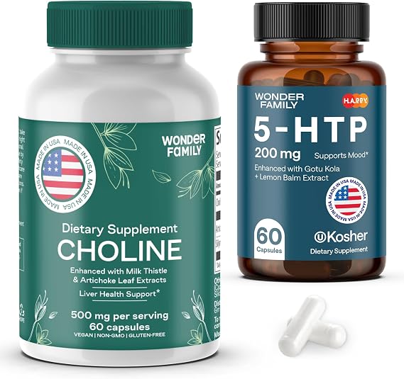 WONDER FAMILY Maximal Focus Bundle - Choline Bitartrate 500MG for Focus & Memory, 5-HTP Supplement for Energy - 60 5HTP 200MG Capsules, 60 Choline Capsules