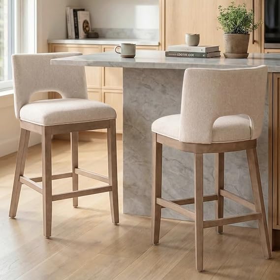Beige Bar Stools Set of 2, 26" Farmhouse Counter Height Barstools, Linen Upholstered Armless Barstools with Open Back for Kitchen Island/Breakfast Bar/Home Pub