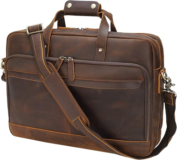 TIDING Vintage Full Grain Leather Briefcase for Men 17 Inch Laptop Bag