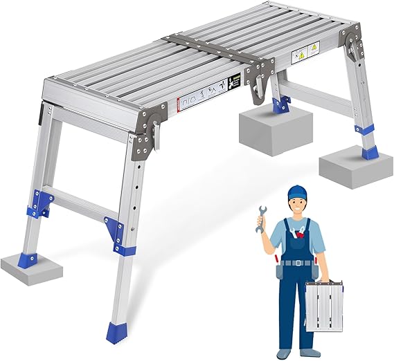 Upgraded Folding Work Platform with Adjustable Height, Aluminium Hop Up Platform & Step Ladder with Safety Lock, Heavy Duty 660lb – Portable Lightweight Stair Platform for Workshop, Garage & Outdoor