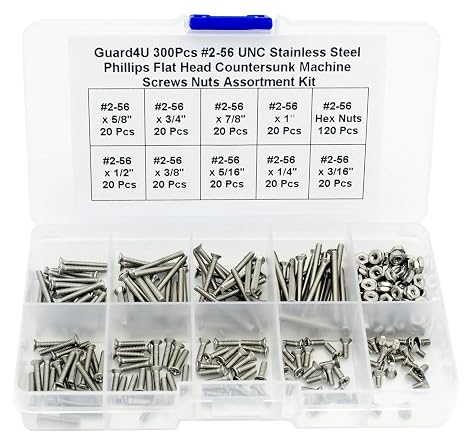 300Pcs #2-56 UNC Stainless Steel Phillips Flat Head Countersunk Machine Screws Nuts Assortment Kit- #2-56x 3/16" 1/4" 5/16" 3/8" 1/2" 5/8" 3/4" 7/8" 1"