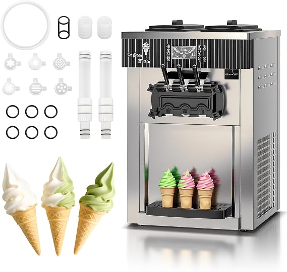 Soft Serve Ice Cream Machine,28 QT/H Yield 2450W Countertop Commercial Ice Cream Machine With 2x6L Hopper 3 Dispensers,LCD Panel Auto Clean Pre-cooling, for Restaurant Snack Bar