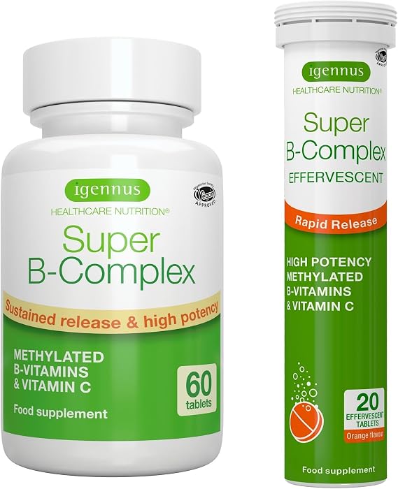 Super B-Complex Bundle, 60 Sustained-Release Tablets & 20 Orange Flavor Effervescent Tablets for Fast Energy On The Go, by Igennus
