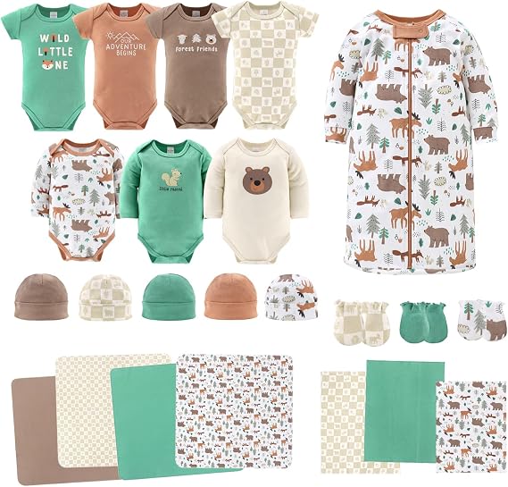 The Peanutshell Baby Layette Gift Set for Boys - 23 Piece New Born Boy Gift Set, Baby Clothes & Newborn Essentials Must Haves - Newborn Boy Clothes 0-3 Months - Wilderlust
