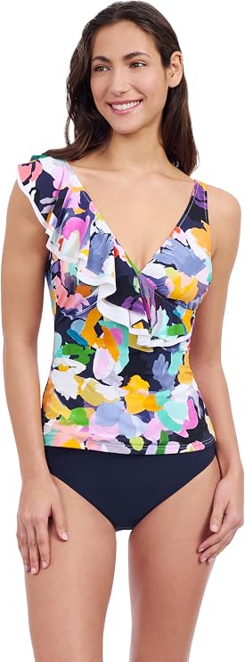 Profile by Gottex Holi Abstract Floral Print Womens Ruffle Surplice Tankini Bathing Suit Top with Soft Cups