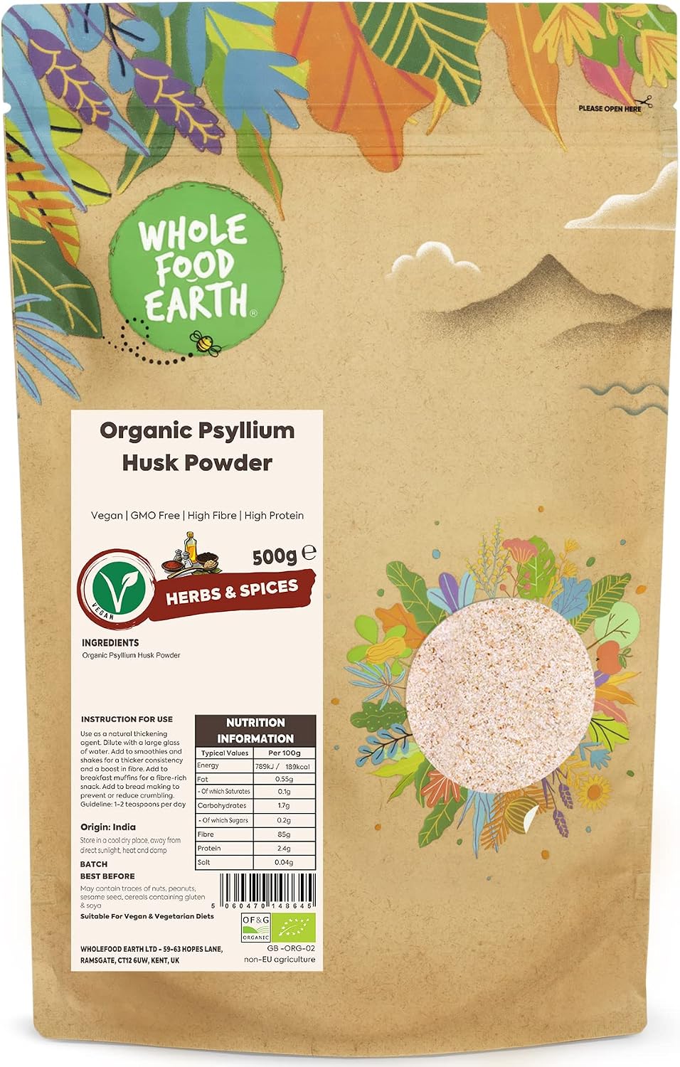 Wholefood Earth Organic Psyllium Husk Powder 500g Vegan | GMO Free | High Fibre | High Protein | Certified Organic